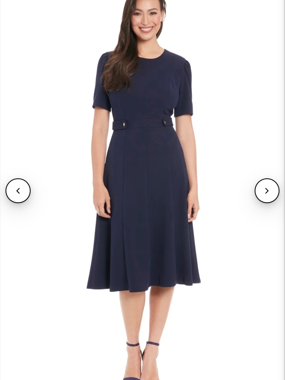 London Times Navy Midi Dress with Button-Tab Waist